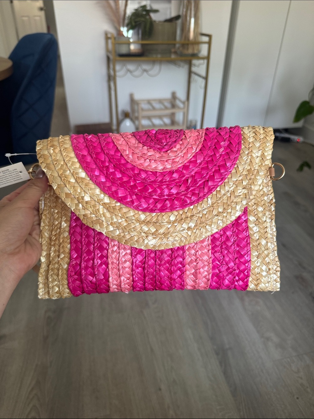 Woven Straw Clutch Bag in Hot Pink and Natural
